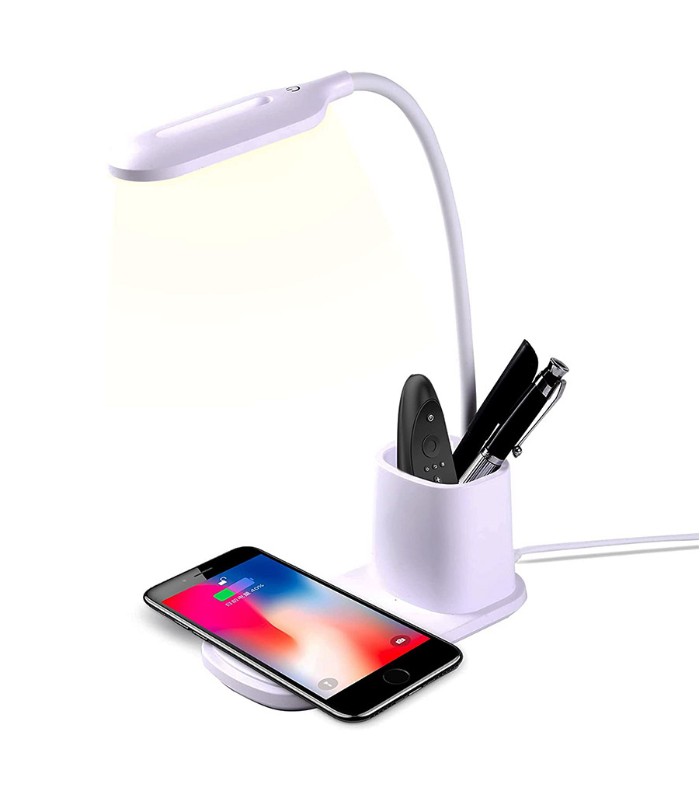 PowerDEL LED Desk Lamp with Pencil Holder and QI Wireless Charger - White