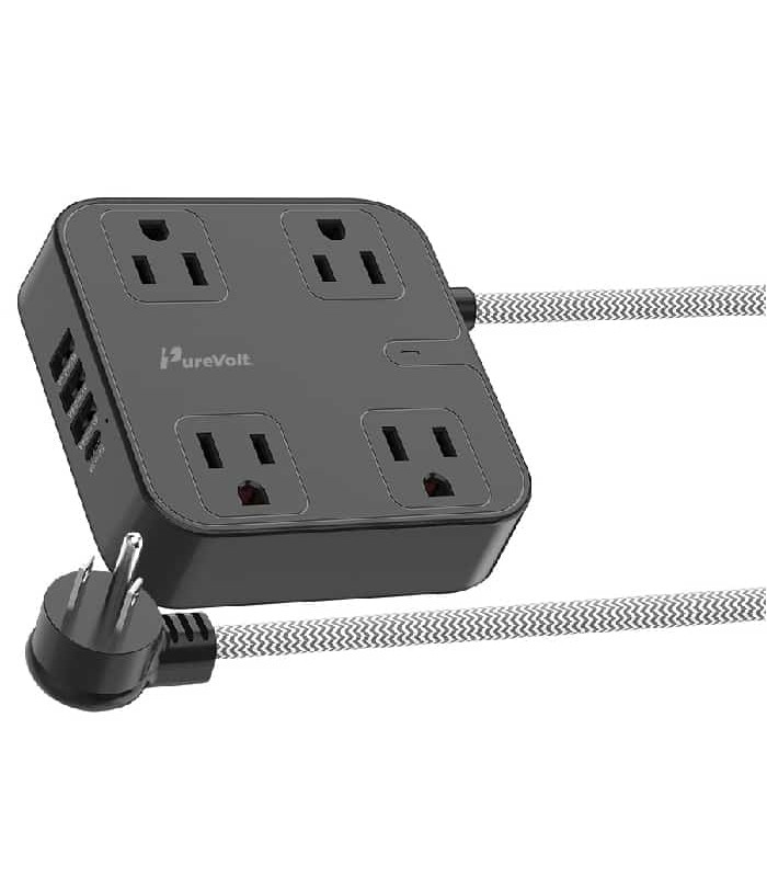 PureVolt Barre d'alimentation à 4 prises avec 3 ports USB et 1 port USB-C - 125 V - 10 A - Noir