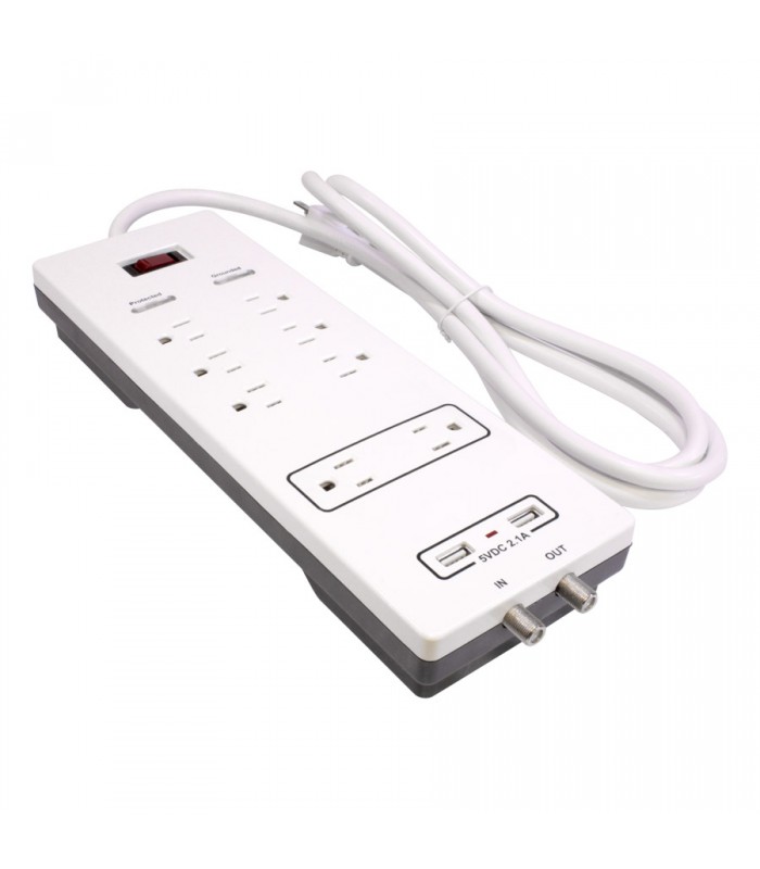 PureVolt Barre de surtension à 8 prises et 2 ports USB - 125 V - 2175 joules - 15 A - Blanc - 1.8 m