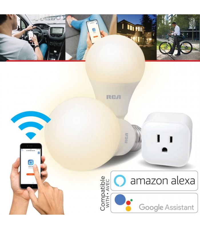 RCA 2 ampoules led smart wi-fi A19 blanche, 9W dimmable et prise wi-fi intelligente