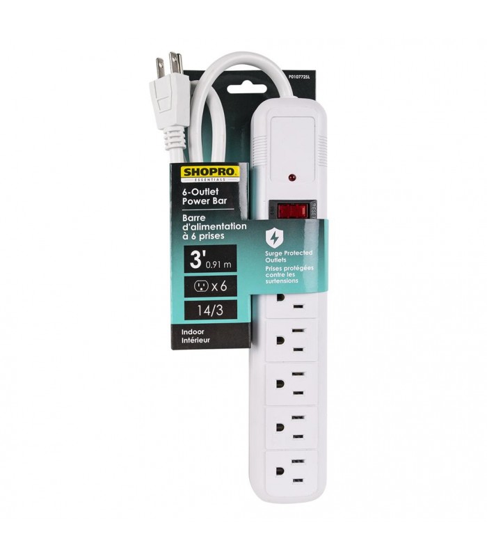 SHOPRO 3 ft 14/3 SJT 6-Outlet Power Bar Surge Protector - White