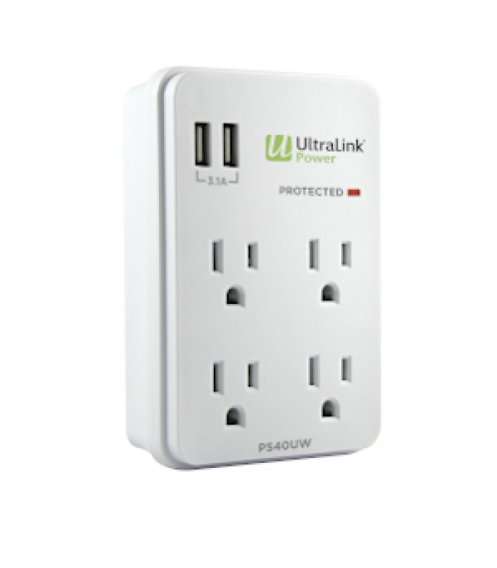 UltraLink 4 Outlets Multimedia Surge Protector with 2 USB port - White