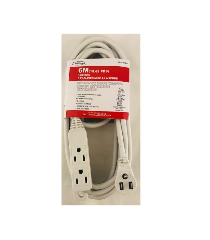 Wellson 6M RIGHT ANGLE ELECTRICAL EXT CORD W/3 OUTLETS