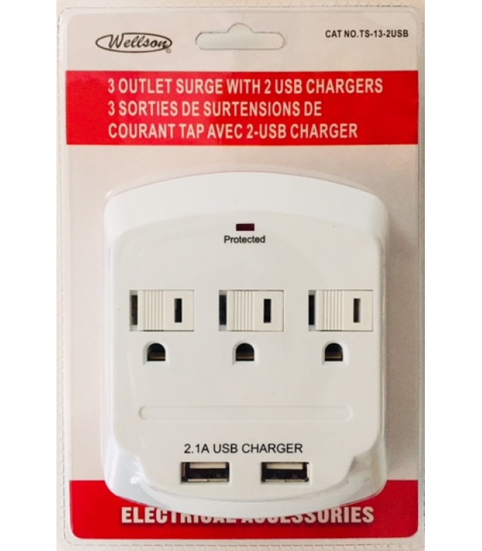 3-Outlet Wall Plug w/ 2 USB Ports & Surge Protection Childproof Outlets White