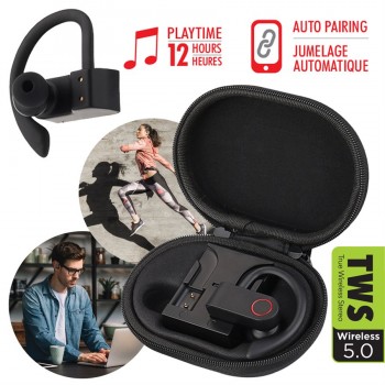 TWS Wireless Hanging Ear Type Bluetooth Earphone with Charging Zipper Case & Microphone