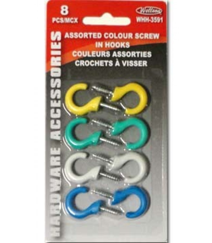 Wellson 8 pcs assorted colour screw-in hooks