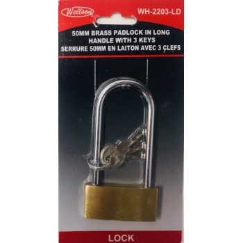 Wellson Brass Padlock Long Handle 50mm with 3 Keys