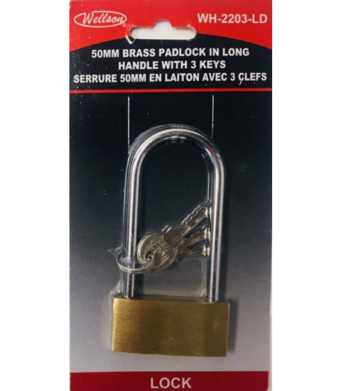 Wellson Brass Padlock Long Handle 50mm with 3 Keys