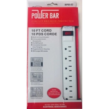 Barre d'alimentation à 6 prises 1875 Watt avec Cordon de 10 pieds Wellson