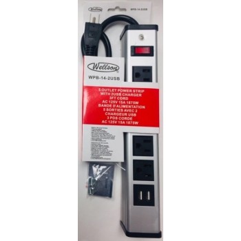 BARRE D'ALIMENTATION MÉTALLIQUE 3FT 2-USB 2.1A 5-OUTLET AVEC SUPPORT