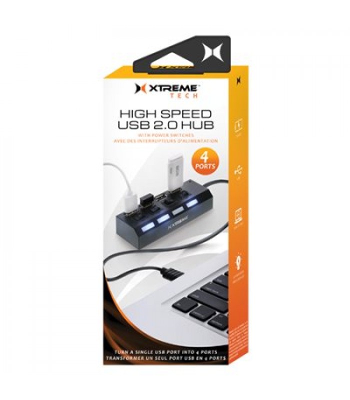 Concentrateur USB 2.0 Haute Vitesse à 4 ports et interrupteur - Noir de Xtreme